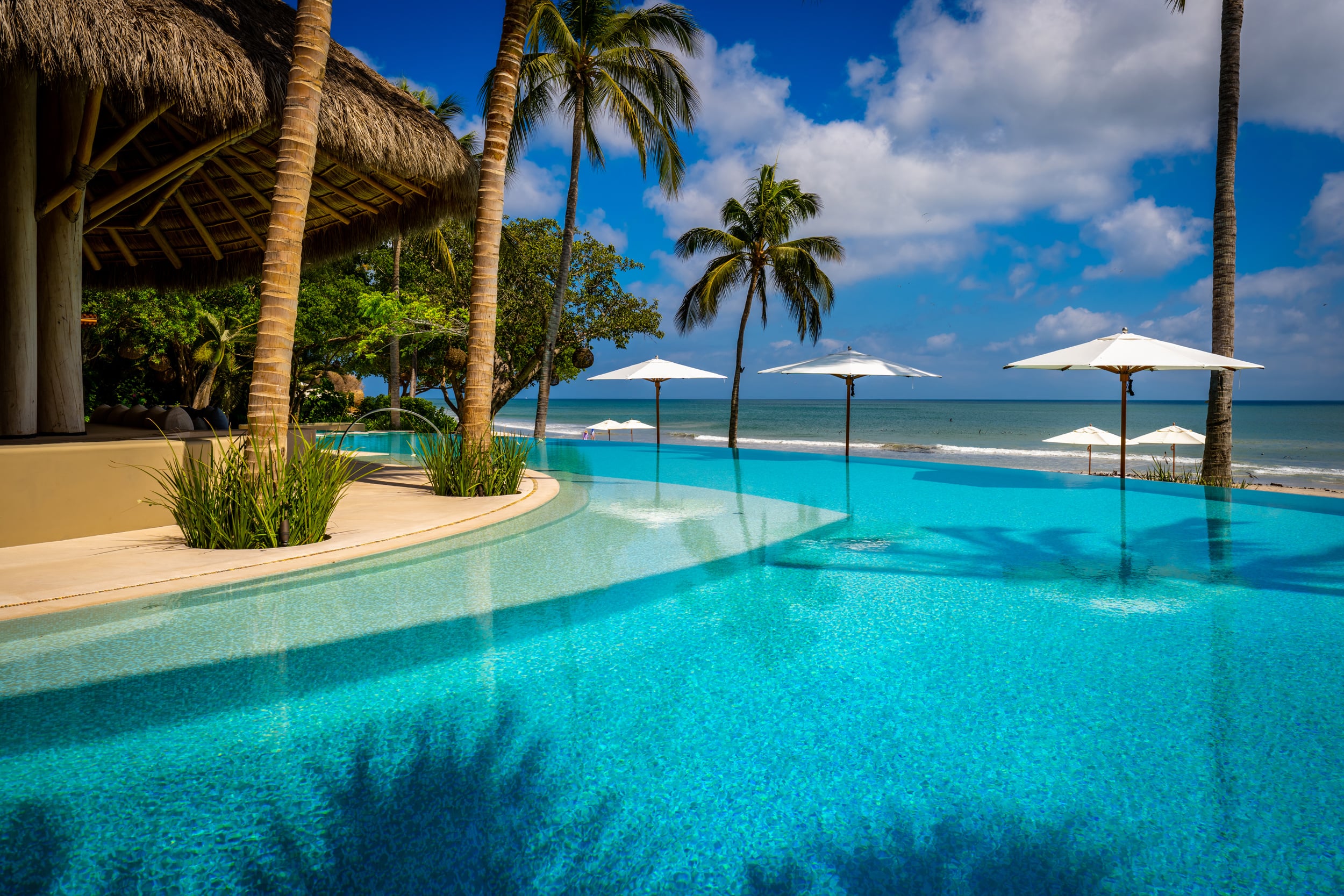 Infinity pool stretching toward the Pacific under an open blue sky, with white market umbrellas standing along the beach edge, coconut palms casting shadows across the water, and a palapa-roofed pavilion at the far left, Casa Akama, Ranchos Estates, Punta Mita.
