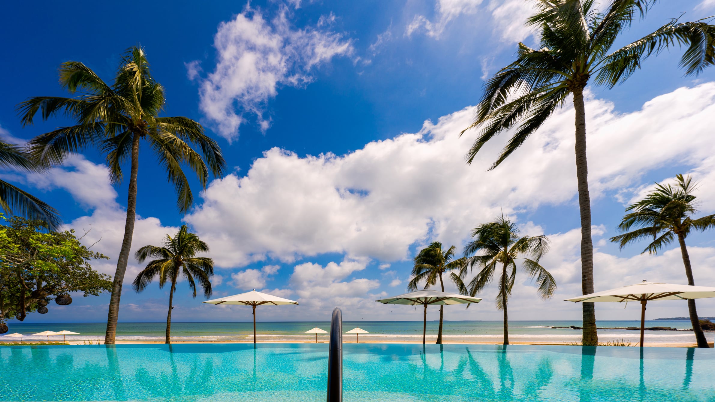 Infinity pool viewed from the water's surface looking out through a row of tall coconut palms toward the Pacific Ocean horizon under a partly cloudy blue sky, with white beach umbrellas visible in the middle distance, Casa Akama, Ranchos Estates, Punta Mita.