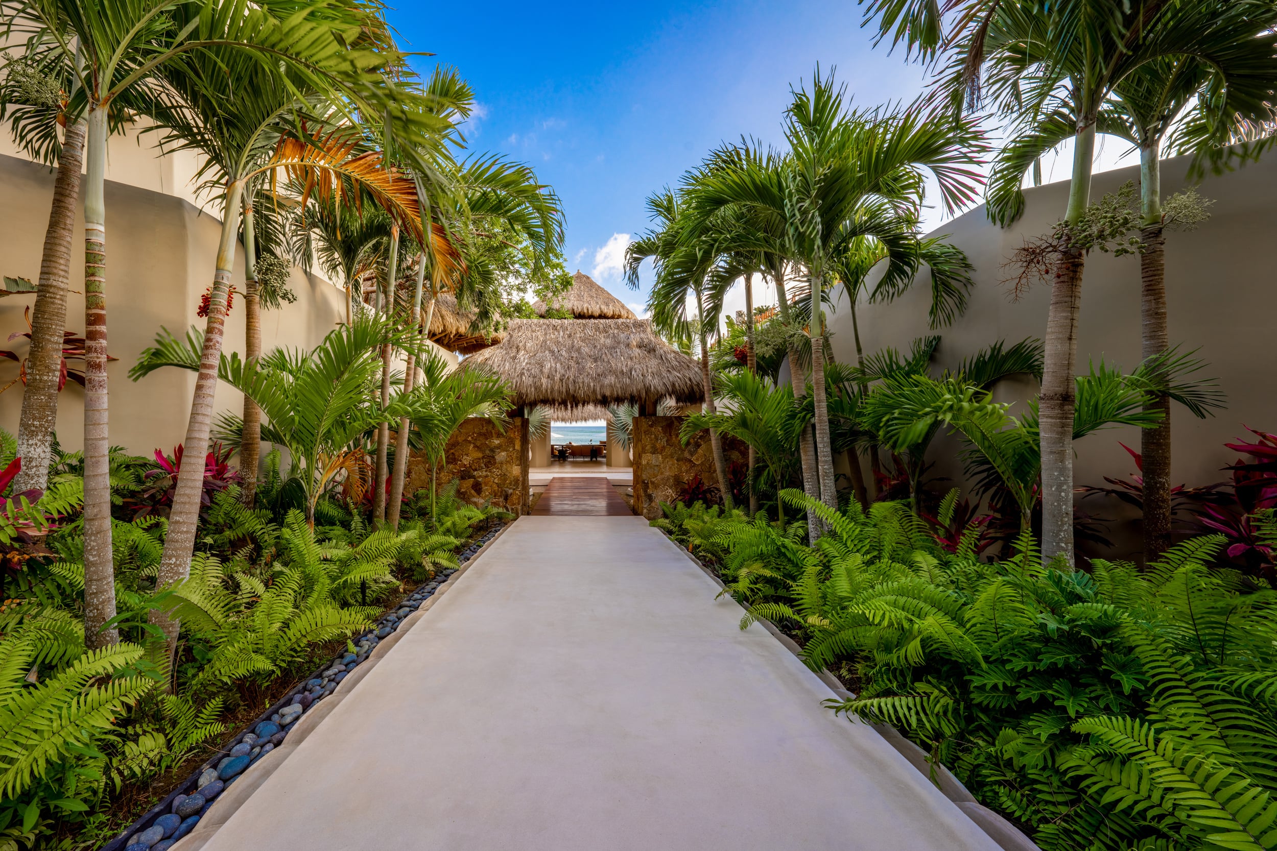 Straight concrete driveway flanked by tall royal palms, tree ferns, and bright red heliconias, leading to a stone-and-thatched gate structure with a glimpse of ocean at the far end, Casa Akama, Ranchos Estates, Punta Mita.