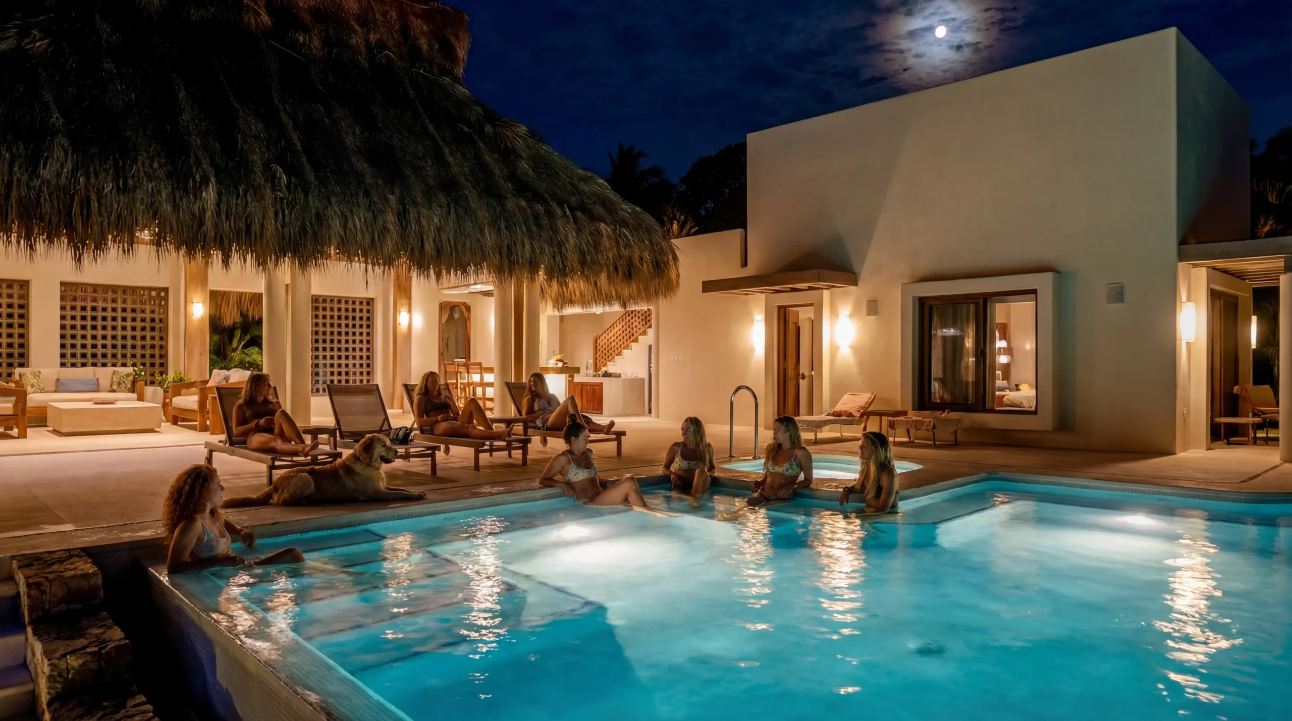 Pool deck at night with guests and golden retriever beside the lit crescent pool, thatched palapa pavilion and white villa glowing under a full moon, Casa Happy Paws, Ranchos Estates, Punta Mita.