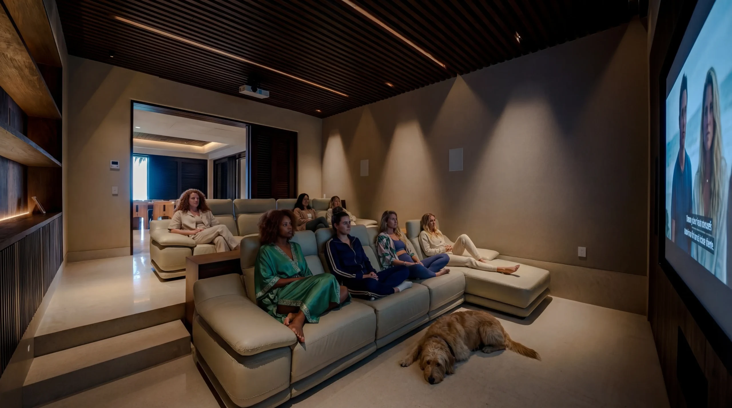 Home cinema with two tiers of reclining sofas facing a projector screen, dark wood slat ceiling, golden retriever on the floor beside front-row guests, Casa Happy Paws, Ranchos Estates, Punta Mita.