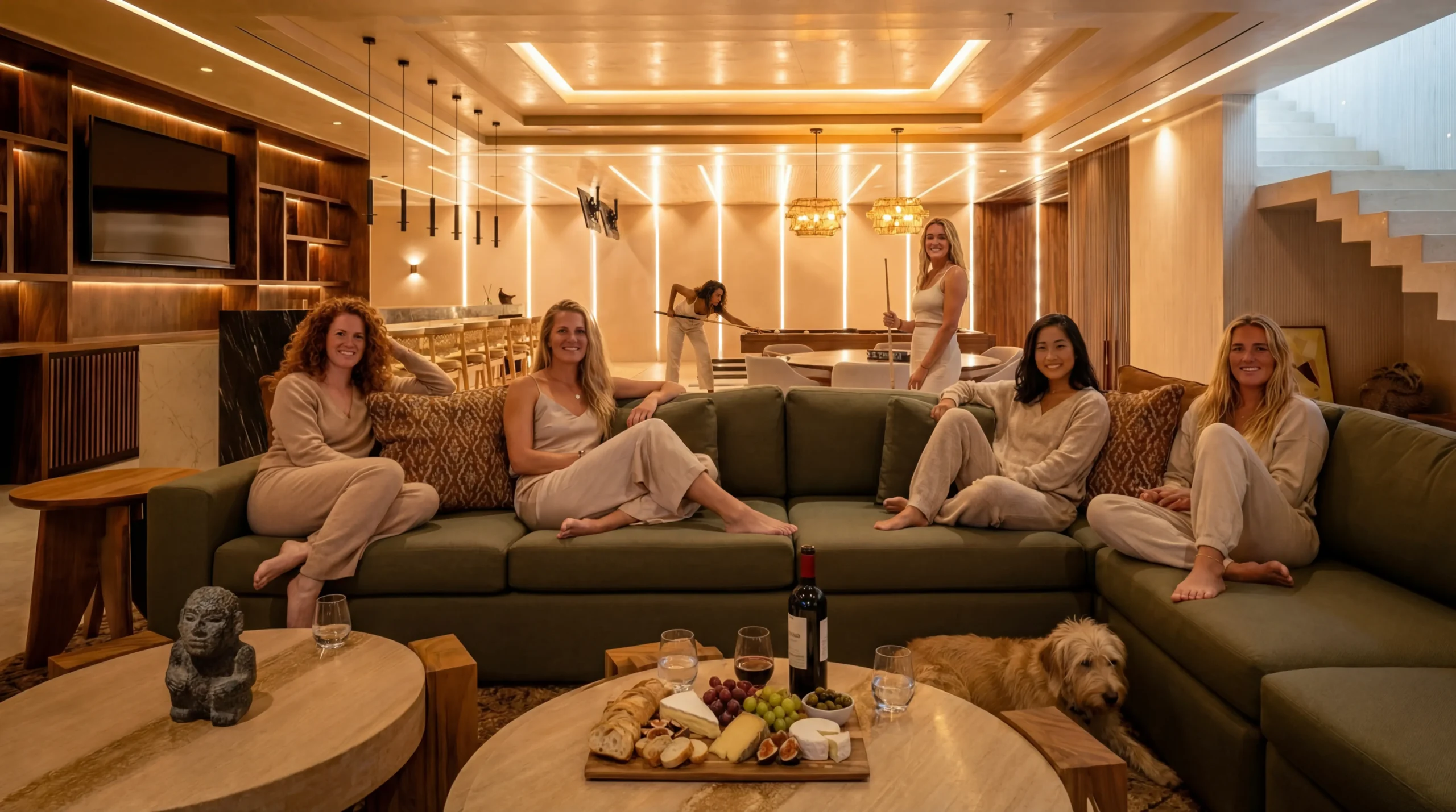Game lounge with green sectional sofa, billiards table and LED wall panels in the background, charcuterie board and wine on the coffee table, golden retriever beside the staircase, Casa Happy Paws, Ranchos Estates, Punta Mita.