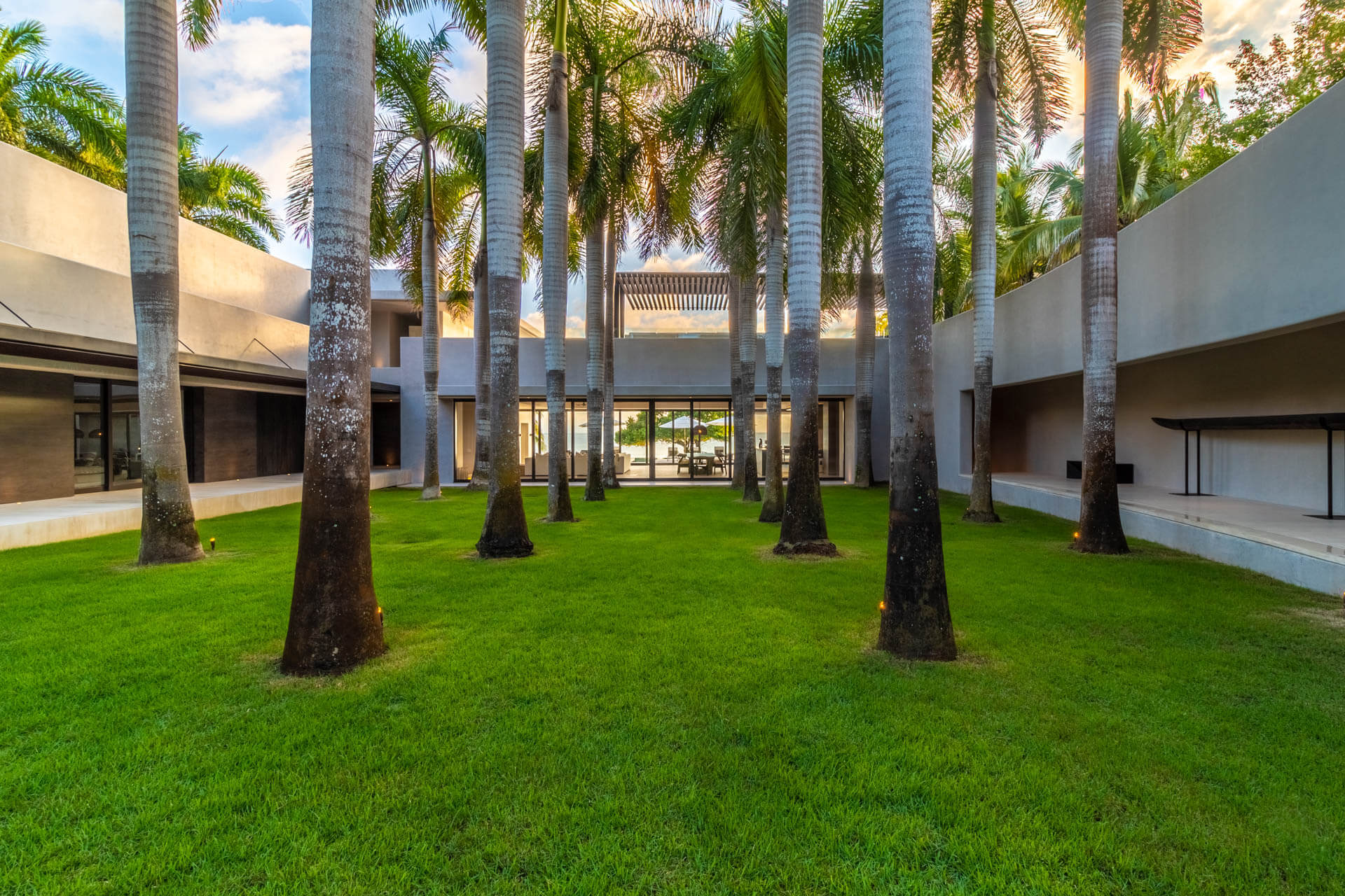 Entry courtyard lawn framed by twenty royal palms at golden hour with villa pavilion visible beyond, Estate Afrique, Ranchos Estates, Punta Mita.