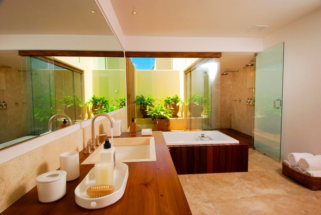 Ensuite with teak-clad soaking tub, wide wood-slab vanity, vessel sinks, glass courtyard wall lined with potted ferns, and a rain shower at right, Estate Jaguar, Ranchos Estates, Punta Mita.