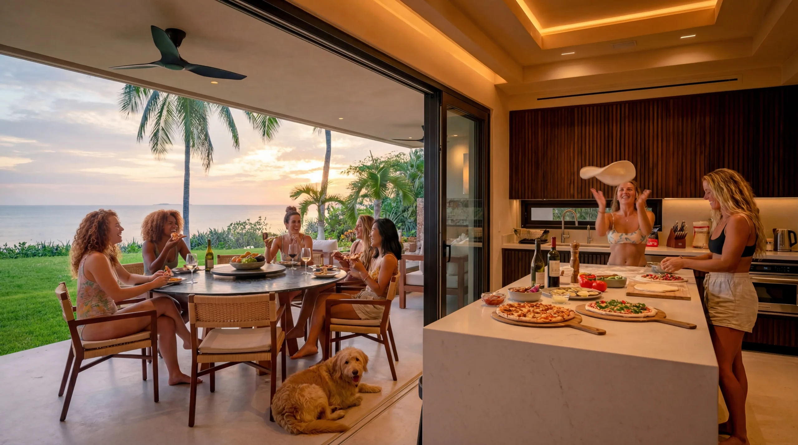 At Casa Happy Paws in Punta Mita's Ranchos Estates, friends dine oceanside at sunset; a golden retriever relaxes nearby.