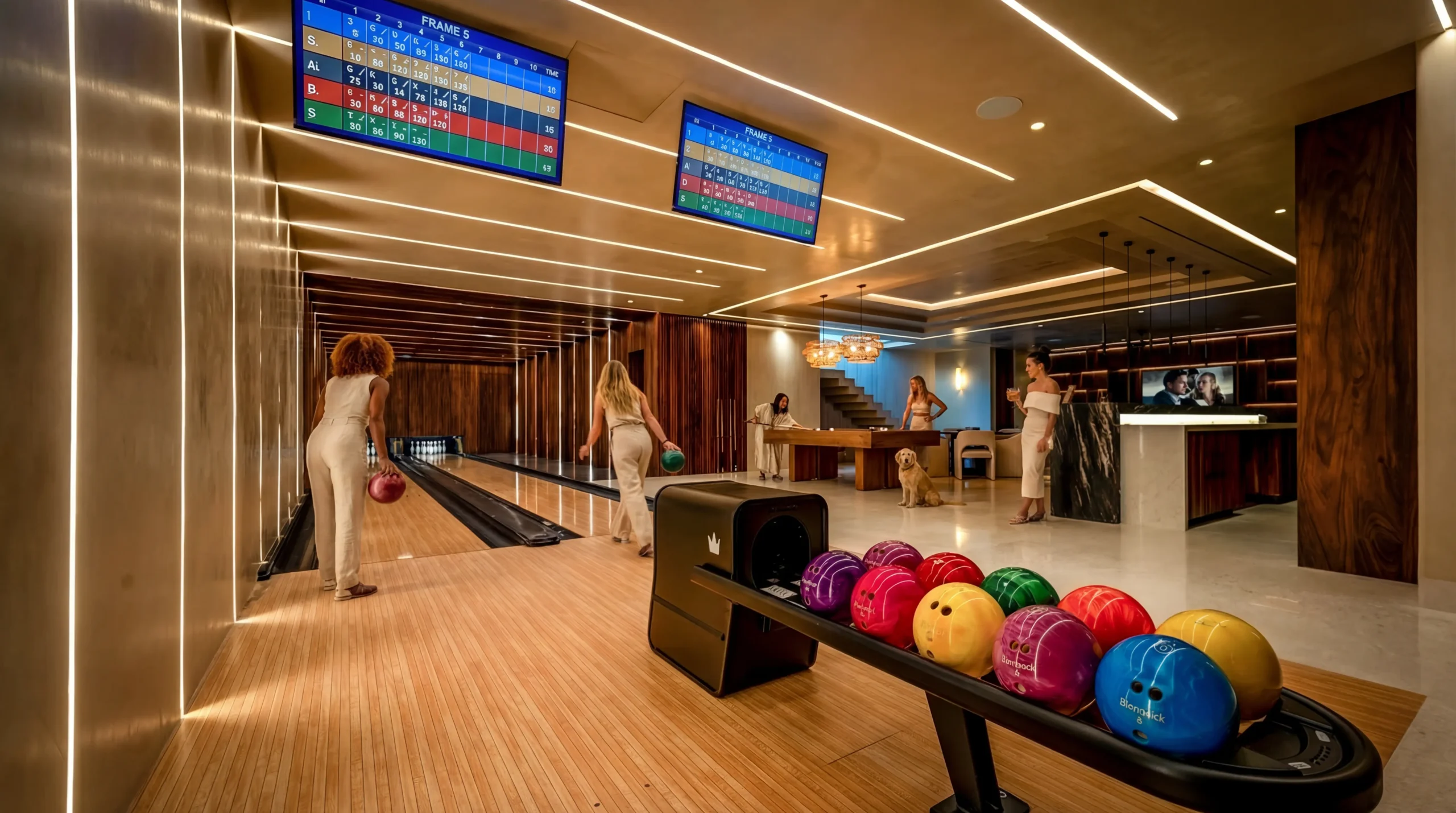 At Punta Mita Ranchos Estates, four women bowl in a stylish alley as a Casa Happy Paws dog lounges by the marble bar.