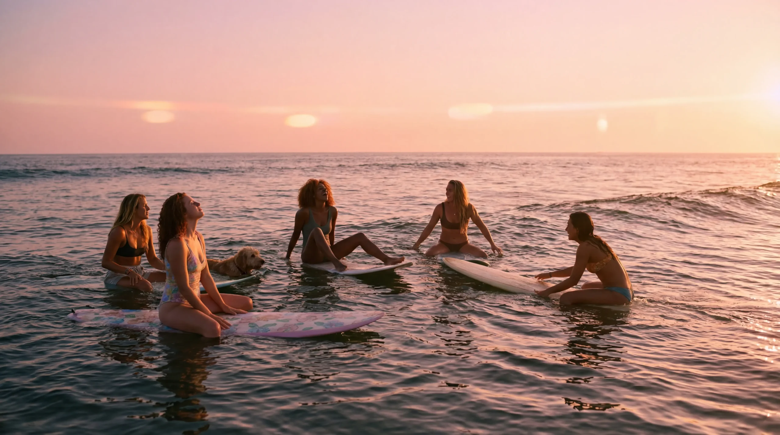 Women surfing at Punta Mita's Ranchos Estates enjoy sunset views, calm waves, and a friendly Casa Happy Paws dog nearby.