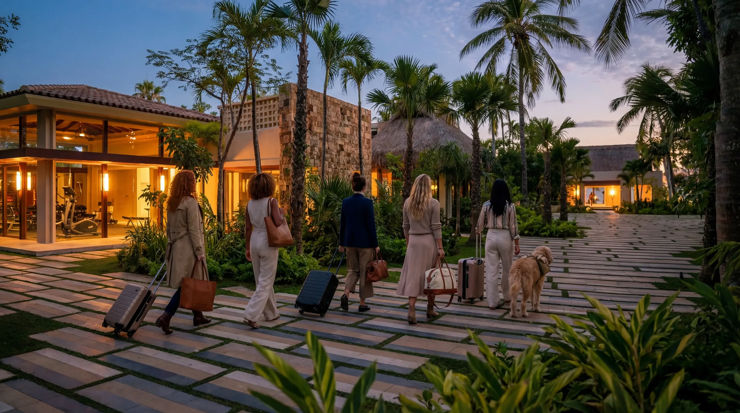Guests with suitcases and a dog stroll lush stone paths to warmly lit Ranchos Estates homes in Punta Mita at dusk.