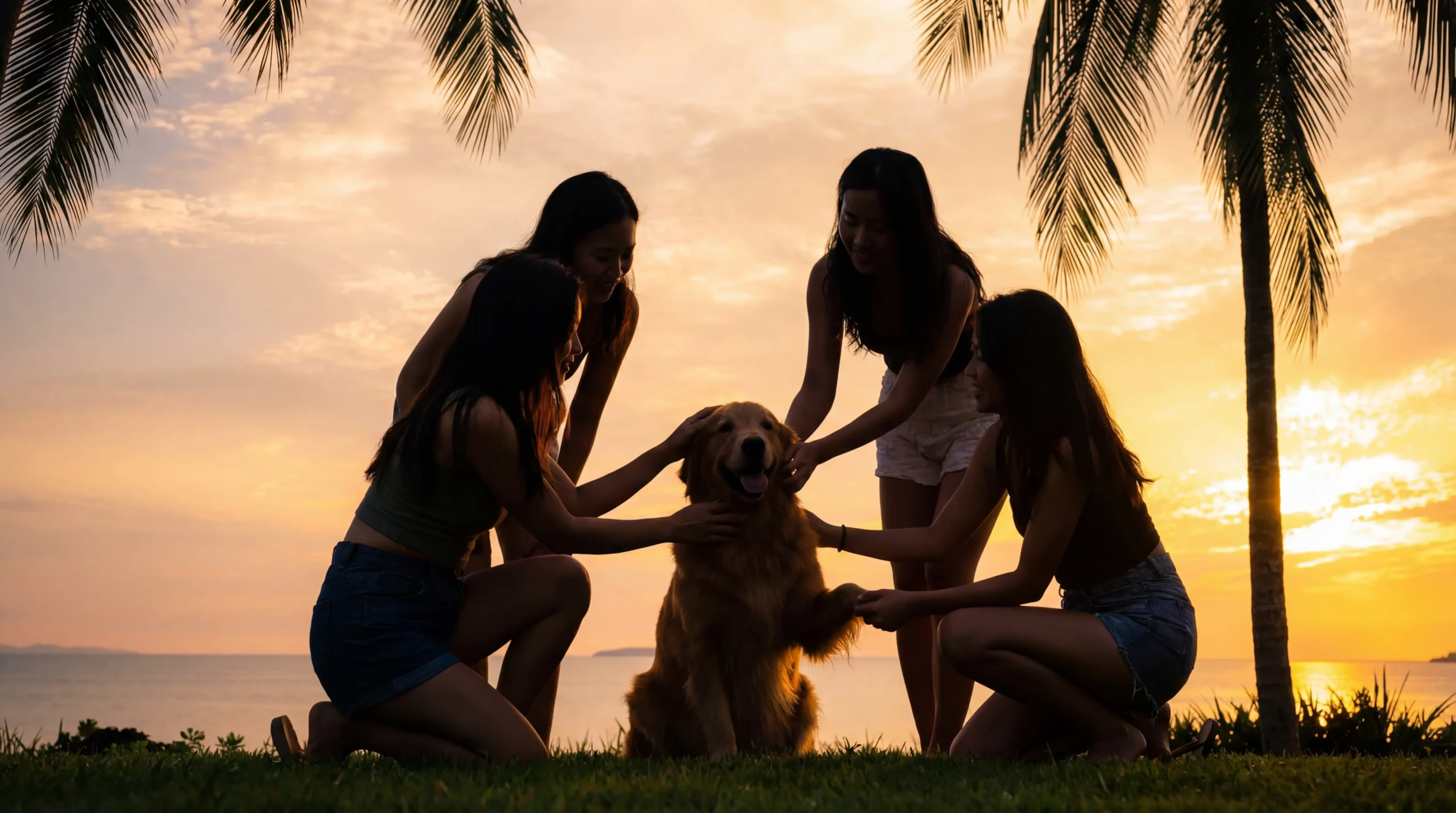 Four women pet a golden retriever on Ranchos Estates’ Punta Mita beach at sunset, palms and orange sky in view.