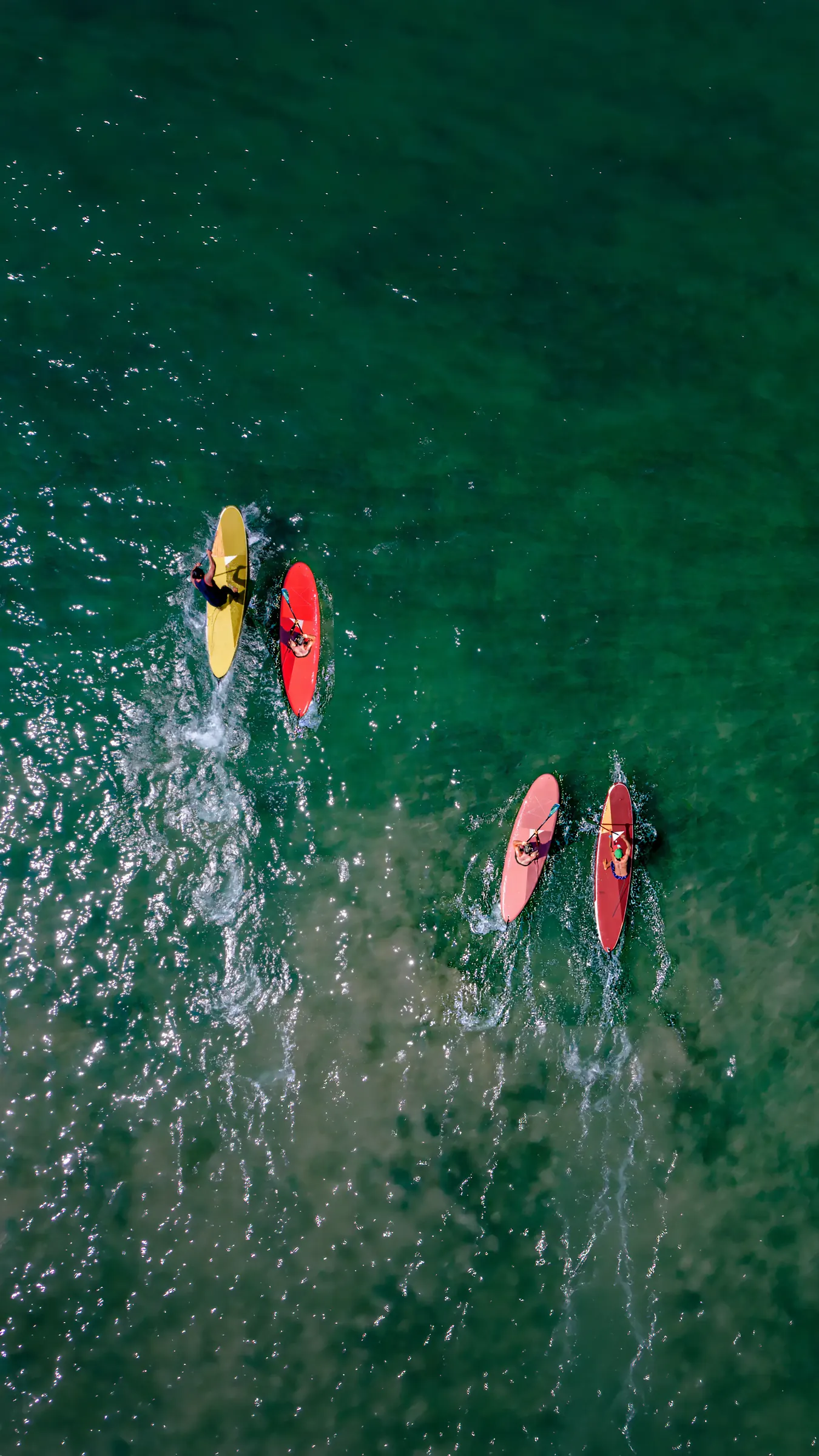Aerial shot of four surfers on colorful boards paddling near Casa Happy Paws, Ranchos Estates, Punta Mita, Mexico.