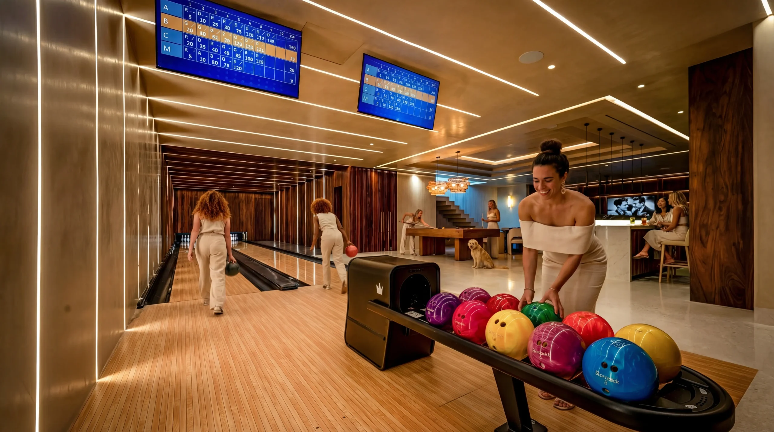 Four women have fun bowling at Punta Mita’s Ranchos Estates; modern lanes, vivid Casa Happy Paws rack, glowing score screens.