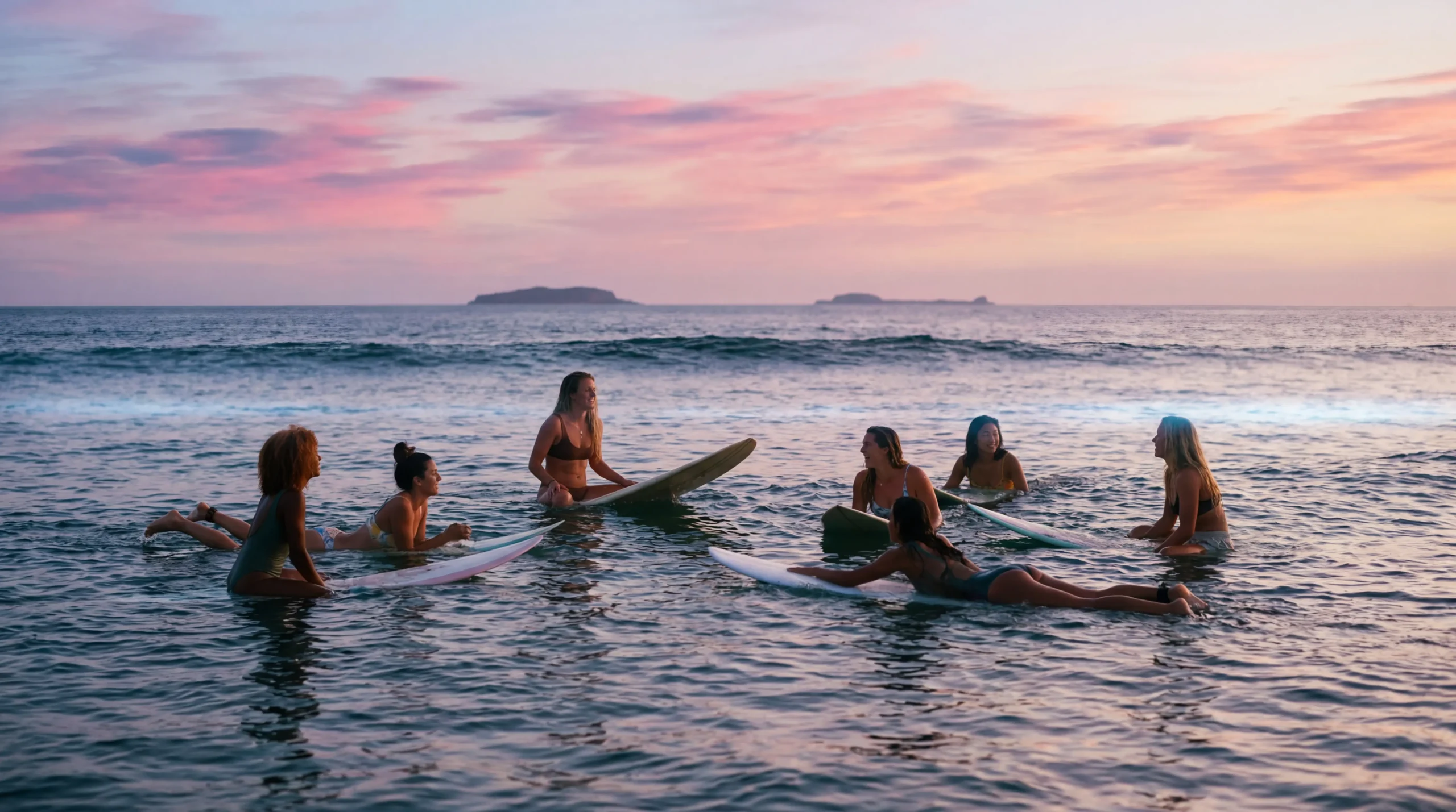 Seven women relax on surfboards at sunset near Ranchos Estates, Punta Mita, enjoying pink clouds and ocean views.