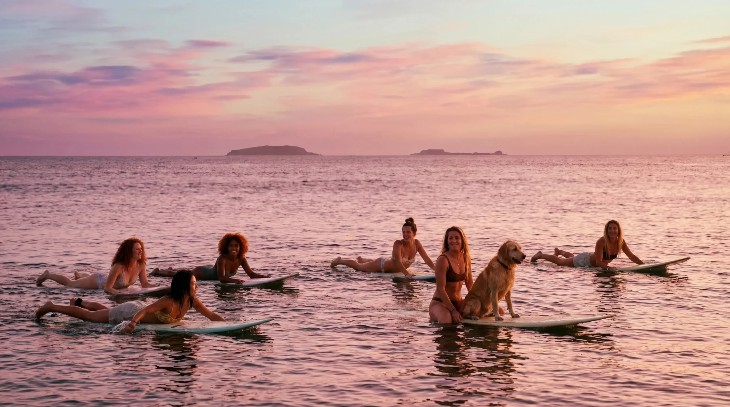 Six women and a dog from Casa Happy Paws float on surfboards at sunset near Ranchos Estates, Punta Mita, Mexico.