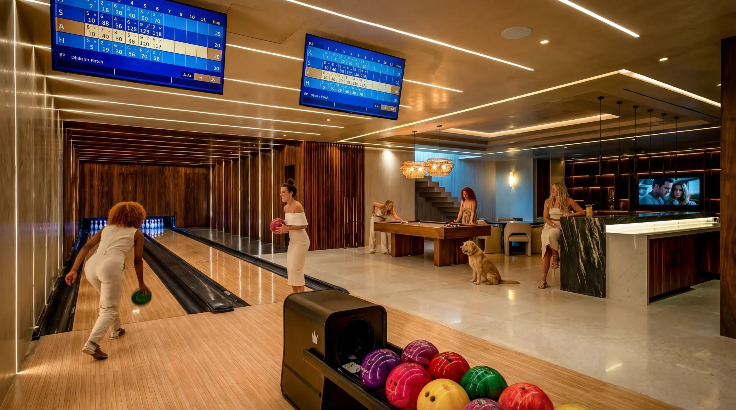Upscale Ranchos Estates Punta Mita game room with bowling, billiards, TV, women relaxing, dog resting, and vibrant decor.
